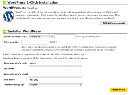 Indtast eneklte oplysninger før installation af WordPress
